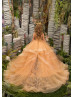 Beaded Gold Lace Tulle Ruffle Floor Length Flower Girl Dress